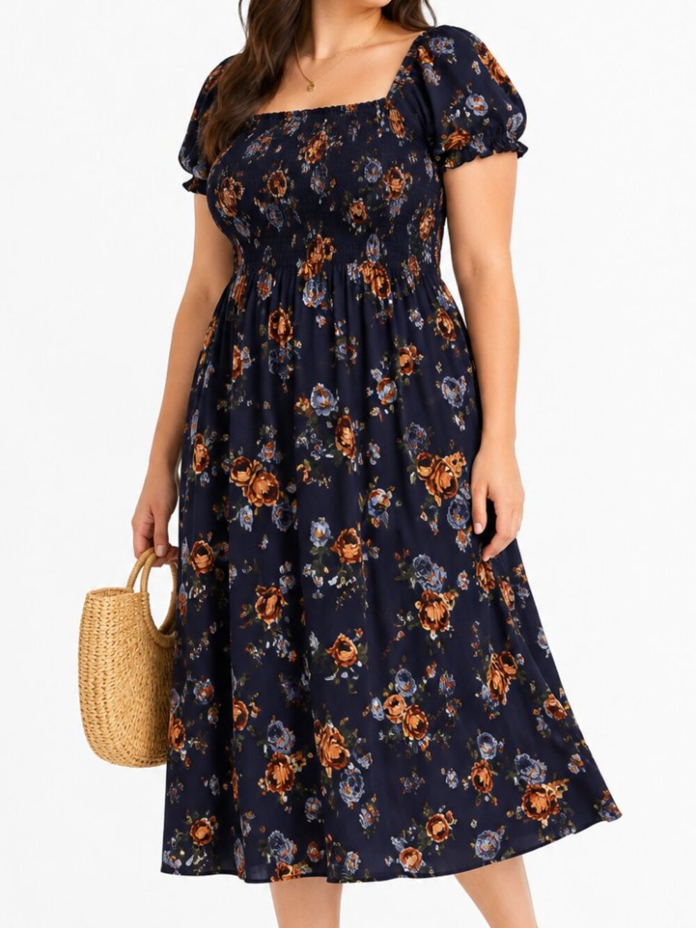 Xhilaration Navy Floral Smocked Midi Dress XXL Boho Cottagecore Peasant Sleeve